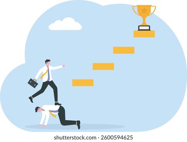 Cooperation and teamwork. Businessman helps to climb on staircase

