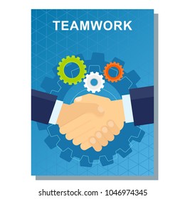 Cooperation and teamwork concept in business poster design. Handshake of mans. Symbol of reaching and agreement. Flat vector character.