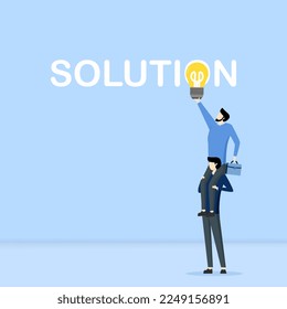 Cooperation and teamwork concept, Group of business professionals reach shining light bulb, Solution concept, workaround and problem solving.
