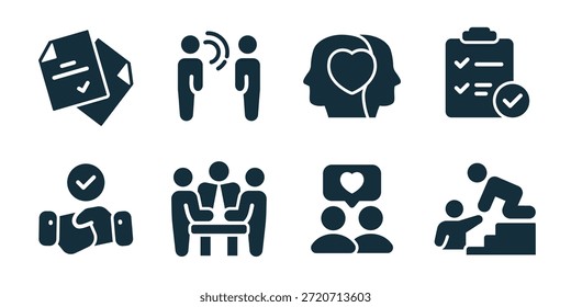 Colección de íconos de cooperación y trabajo en equipo. Documentos aprobados, diálogo de comunicación, conexión emocional, lista de tareas, apretón de manos de confianza, reunión de equipo, Asistencia social, crecimiento colaborativo