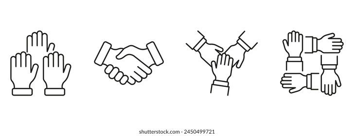 Cooperation And Teamwork Line Icon Set. Partnership Linear Pictogram. Business Alliance Outline Symbol Collection. Partners Meeting, Human Hands Sign. Editable Stroke. Isolated Vector Illustration.