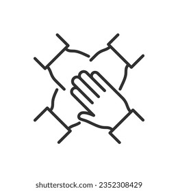 Cooperation, teamwork, linear icon. Group with hands together. Hands folded on hands. Line with editable stroke