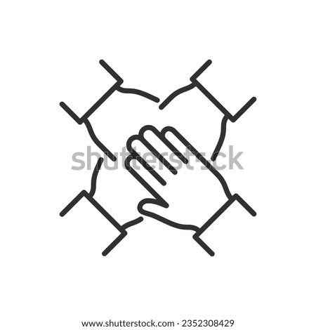Cooperation, teamwork, linear icon. Group with hands together. Hands folded on hands. Line with editable stroke