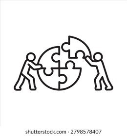 Cooperation, teamwork, linear icon. Joining forces. People putting the puzzle together. Line with editable stroke.