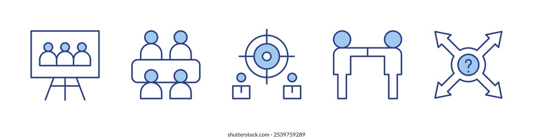 Zusammenarbeit, Teamarbeit, Treffen, Leitung, Ziel. Symbol, Vektorgrafik. Duotone-Linienstil. Bearbeitbarer Strich.