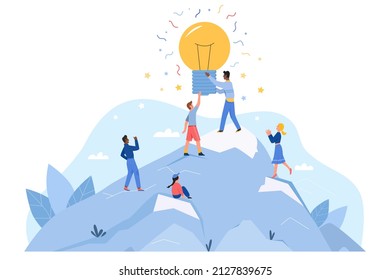 Cooperation and teamwork of people climbing top of high mountain for bright light bulb. Collective work of winners, great idea of man woman group flat vector illustration. Leadership, success concept