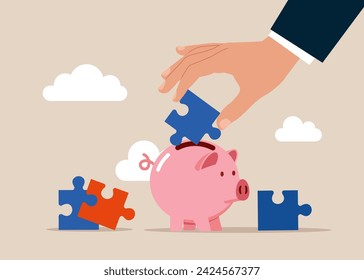 Cooperation. Teamwork and unity.  Hand putting puzzle a piggy bank. Modern vector illustration in flat style