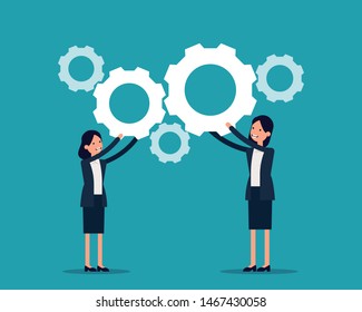 Cooperation and Teamwork. Vector illustration business operation concept, Working, Gear. Flat happy business cartoon design.