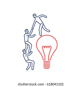 Cooperation and teamwork. Vector illustration of businessman helps to climb on bulb | modern flat design linear concept icon and infographic red and blue on white background