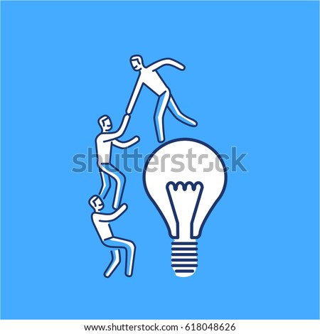 Cooperation and teamwork. Vector illustration of businessman helps to climb on bulb | modern flat design linear concept icon and infographic on blue background