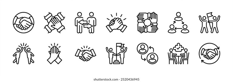 Conjunto de Vector de icono de línea delgada de cooperación. Contiene trabajo en equipo, trabajo en equipo, apretón de manos, Acuerdo, colaboración, logro, Asistencia, éxito, negocios, compartir, trato, reunión, objetivo, alianza