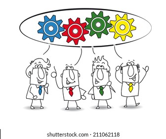 cooperation. This teamwork is very productive. Each of the businessmen have an idea for resolve the problem. each colored gear represents the idea of each businessman (similar color)