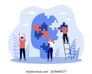 Cooperation of tiny people connecting puzzle inside head. Support and help from community to person flat vector illustration. Personality concept for banner, website design or landing web page