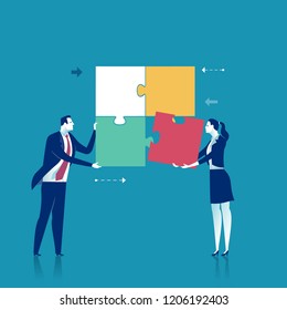 Cooperation. Two office persons working together on a project. Business vector concept illustration