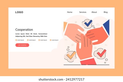 Cooperation web or landing. Hands joint or put together. Shared goals, coordination for additional business development. Idea of successful coworking. Flat vector illustration