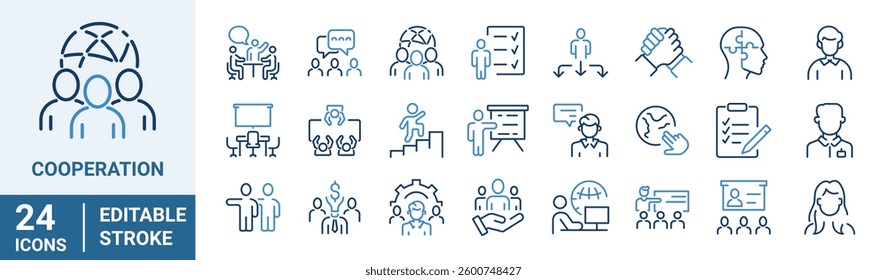 Cooperation web line icons. Organization, Containing people group, company, leadership, teamwork, networking, business, team, collaboration.