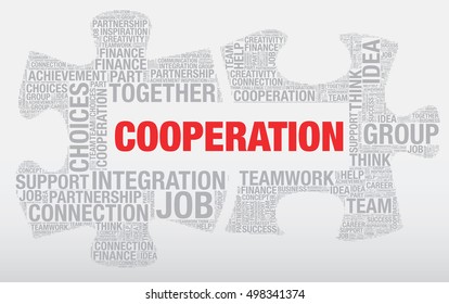 Cooperation word cloud concept made of puzzle pieces, vector