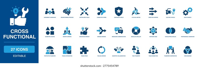 Cooperative Cross Functional Solid Icon Set highlighting formal handshake, deep brainstorming, multiple arrows, functional gear, and connected puzzle piece interactions for deep integrated synergy.