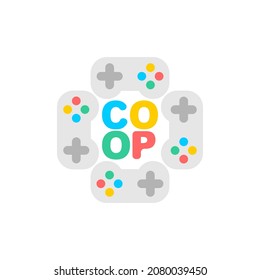 Cooperative game sign. Coop game logo. Video game icon for two joysticks. Play together on a video console