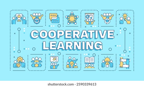 Cooperative learning cyan word concept. Teamwork organization, leadership. Communication, education. Typography banner. Vector illustration with title text, editable icons color