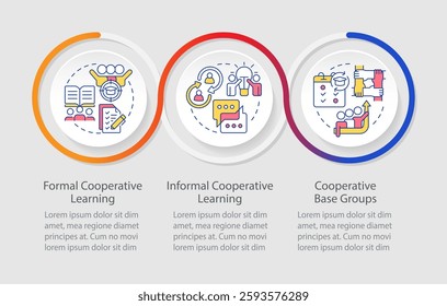 Cooperative learning different methodologies infographics circles sequence. Teamwork organization. Visualization layout with 3 steps. Info chart loop process presentation