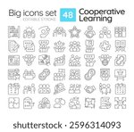 Cooperative learning linear icons set. Studying process organization, schedule. Team work, collaboration. Customizable thin line symbols. Isolated vector outline illustrations. Editable stroke