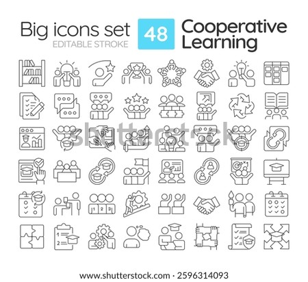 Cooperative learning linear icons set. Studying process organization, schedule. Team work, collaboration. Customizable thin line symbols. Isolated vector outline illustrations. Editable stroke