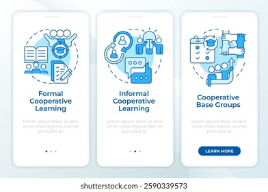 Cooperative learning methods blue onboarding mobile app screen. Walkthrough 3 steps editable graphic instructions with linear concepts. UI, UX, GUI template