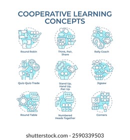 Cooperative learning soft blue concept icons. Teamwork, communication. Studying, education. Icon pack. Vector images. Round shape illustrations for infographic, presentation. Abstract idea