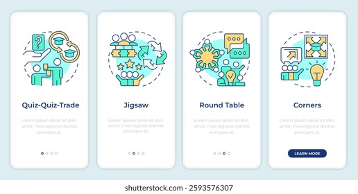Cooperative learning strategies onboarding mobile app screen. Walkthrough 4 steps editable graphic instructions with linear concepts. UI, UX, GUI template