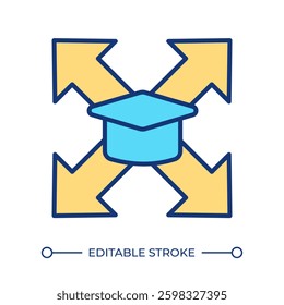 Cooperative learning strategy RGB color icon. Graduation cap, directional arrows. Education, academic. Teaching, methodology. Isolated vector illustration. Simple filled line drawing. Editable stroke