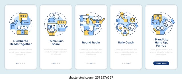 Cooperative learning structures onboarding mobile app screen. Walkthrough 5 steps editable graphic instructions with linear concepts. UI, UX, GUI template