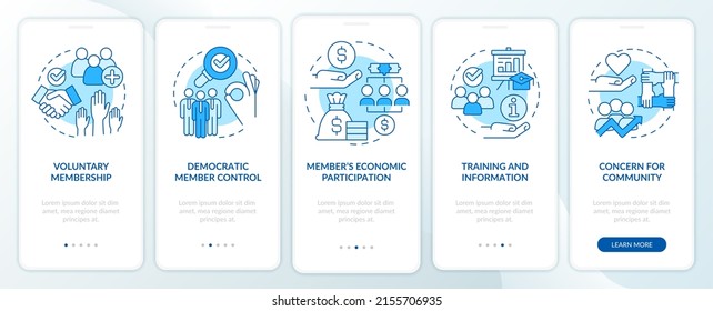 Cooperative Principles Blue Onboarding Mobile App Screen. Business Walkthrough 5 Steps Graphic Instructions Pages With Linear Concepts. UI, UX, GUI Template. Myriad Pro-Bold, Regular Fonts Used