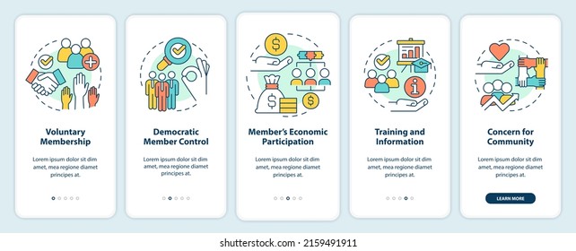 Cooperative principles onboarding mobile app screen. Business walkthrough 5 steps graphic instructions pages with linear concepts. UI, UX, GUI template. Myriad Pro-Bold, Regular fonts used