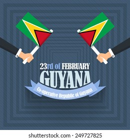 Co-operative Republic of Guyana National Celebration Card, Hands hold Flags Flat Background, Badges Vector Design