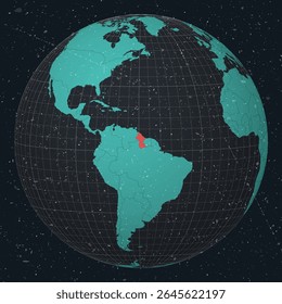 Cooperativa República da Guiana no Globe. Olhar vintage com textura grunge riscado. Mapa do mundo no mapa da paleta de cores de Turquesa a carvão escuro. Forma da Guiana no mapa.