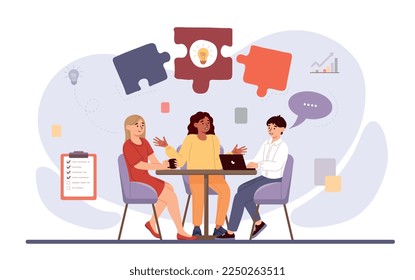 Cooperative teamwork concept. Man and women sit at table and discuss project. Brainstorming and insight, collaboration, teamwork and partnership, cooperation. Cartoon flat vector illustration