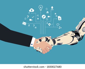 Cooperative work and contract between cyborg and human. Handshake of human and cyber hands in blue background.