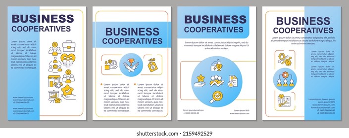 Cooperatives in business blue brochure template. Partners alliance. Leaflet design with linear icons. 4 vector layouts for presentation, annual reports. Arial, Myriad Pro-Regular fonts used