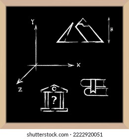 Coordinate axes, Egyptian pyramids, architecture, books. Icon set hand drawn in chalk. School board in a light wooden frame. 3D realistic vector illustration.