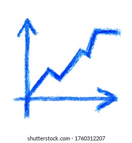 coordinate axes with a graph for increasing indicators. Вектор business icon in blue drawn by hand in oil pastel crayons and isolated on a white background.