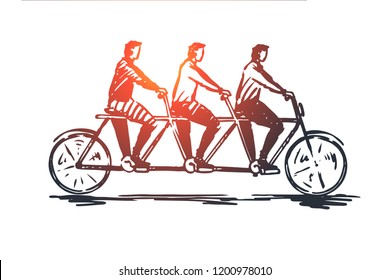 Coordinate, cooperation, teamwork, bike, tandem concept. Hand drawn three persons on one bike concept sketch. Isolated vector illustration.