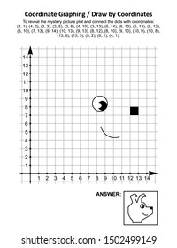 Coordinate graphing, or draw by coordinates, math worksheet with cute dog: To reveal the mystery picture plot and connect the dots with given coordinates. Answer included.