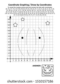 Coordinate graphing, or draw by coordinates, math worksheet with Halloween pumpkin: To reveal the mystery picture plot and connect the dots with given coordinates. Answer included.