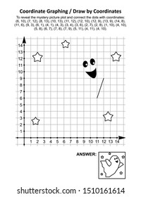 Coordinate graphing, or draw by coordinates, math worksheet with Halloween cute little ghost: To reveal the mystery picture plot and connect the dots with given coordinates. Answer included.