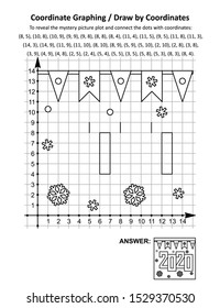 Coordinate graphing, or draw by coordinates, math worksheet with year 2020 heading: To reveal the mystery picture plot and connect the dots with given coordinates. Answer included.