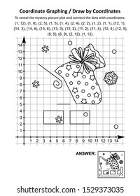 Coordinate graphing, or draw by coordinates, math worksheet withSanta's sack on the sleigh: To reveal the mystery picture plot and connect the dots with given coordinates. Answer included.