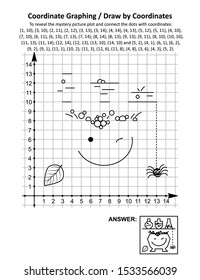 Coordinate graphing, or draw by coordinates, math worksheet with Halloween apothecary and witch's pot: To reveal the mystery picture plot and connect the dots with given coordinates. Answer included.