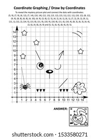 Coordinate graphing, or draw by coordinates, math worksheet with Halloween cat, lying in wait for prey: To reveal the mystery picture plot and connect the dots with given coordinates. Answer included.