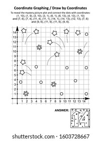 Coordinate graphing, or draw by coordinates, math worksheet with St Valentine's Day number fourteen: To reveal the mystery picture plot and connect the dots with given coordinates. Answer included.